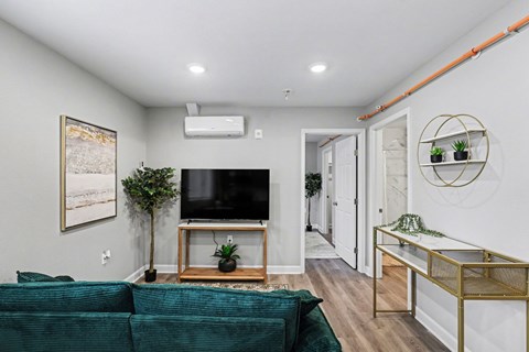 A living room with a green couch and a flat screen TV.