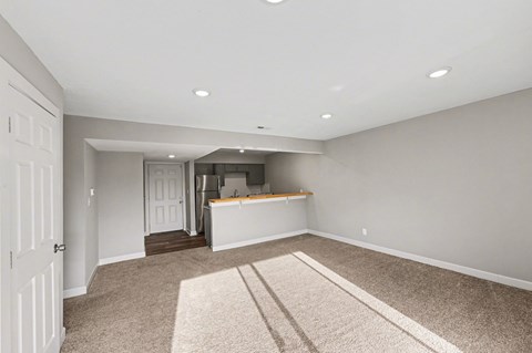 A spacious room with a carpeted floor and a bar area in the background.