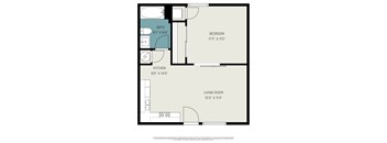 A floor plan of a small apartment with a living room, kitchen, bedroom and bathroom.