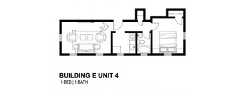 A black and white drawing of a floor plan for Building E Unit 4, which includes one bed and one bath. at Shipyard Shores Apartments, Virginia, 23607