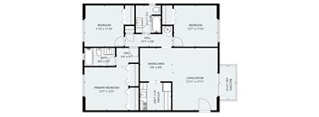 A black and white image of a floor plan for a home with a living room, dining area, kitchen, and three bedrooms.