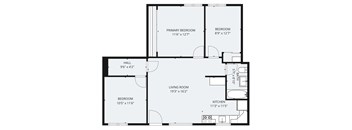 A floor plan of a house with a living room, kitchen, two bedrooms, and a hallway.