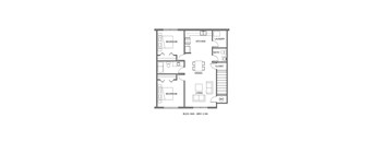 A floor plan of a small apartment with two bedrooms, a living room, a kitchen, a bathroom, a laundry area, and a closet.
