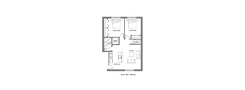 A floor plan of a two bedroom apartment with a living room, kitchen and laundry room.
