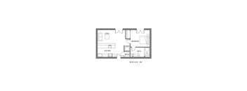 A floor plan of a one bedroom apartment with a kitchen and living room.