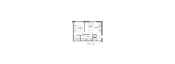 A floor plan of a small apartment with a bedroom, living room, kitchen, bathroom, and closet.