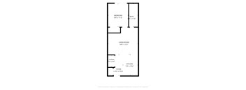 A floor plan of a small apartment with a bedroom, living room, kitchen, and laundry area.