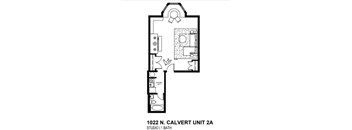 A black and white drawing of a floor plan for a studio apartment with one bathroom.