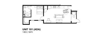 A black and white image of a floor plan for a 1 bedroom, 1 bathroom apartment.