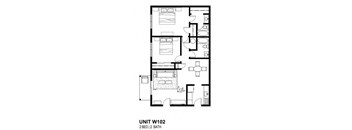 A black and white image of a floor plan for a 2 bedroom, 2 bathroom unit.