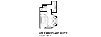 A black and white drawing of a floor plan for a studio apartment with a bath.
