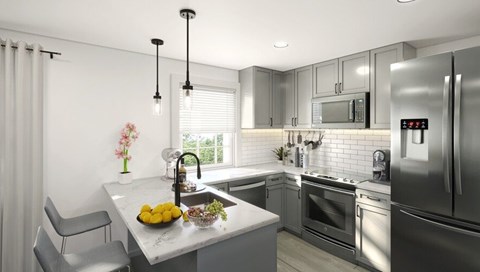 A modern kitchen with a refrigerator displaying the time.