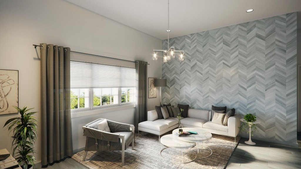 A modern living room with a grey sofa set and a patterned wallpaper.