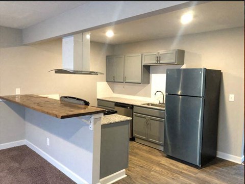 a kitchen with a refrigerator and a counter top