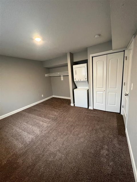 a bedroom with a closet and a stackable washer and dryer