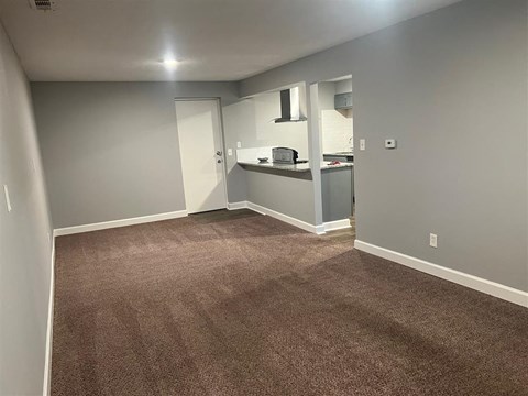 a living room with a carpet and a kitchen