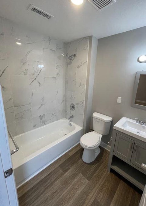 a bathroom with a toilet and a tub and a sink