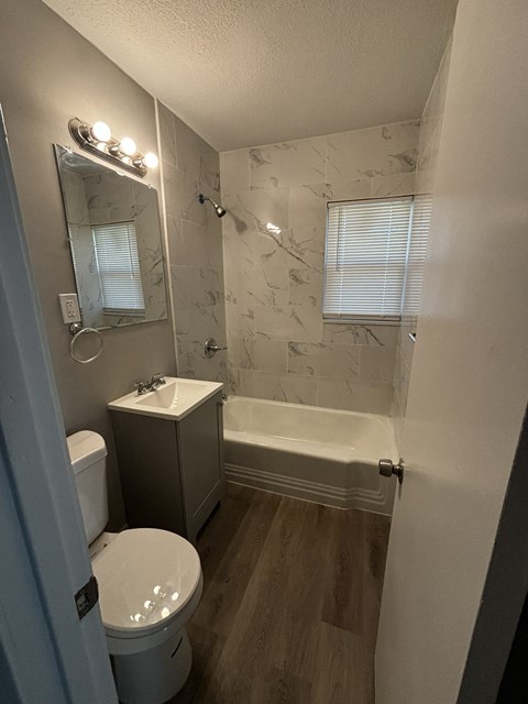 a bathroom with a toilet and a tub and a sink