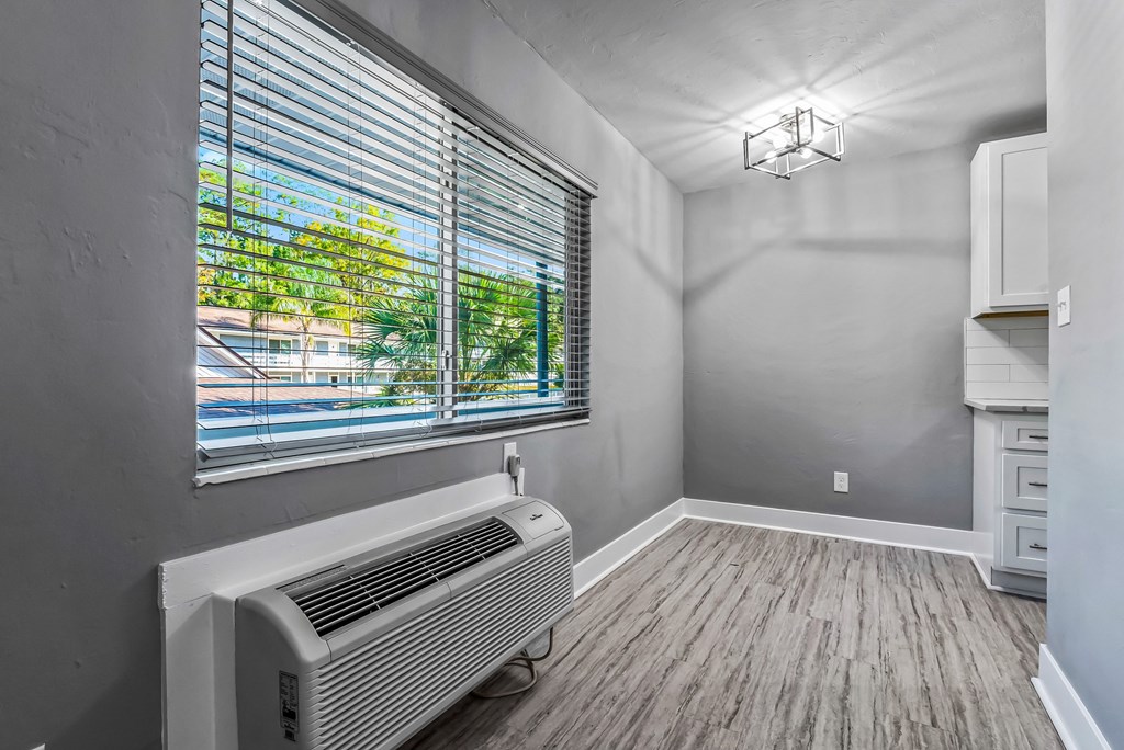 A room with a window, a radiator, and a wooden floor.