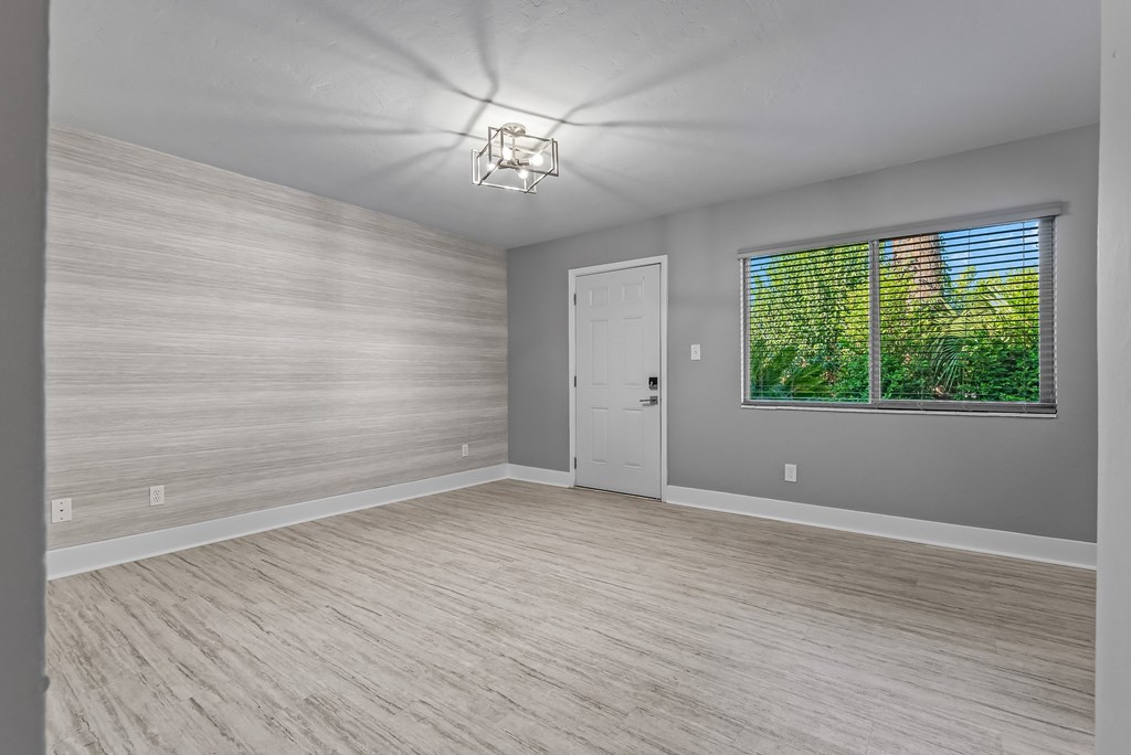 A room with a white door and a window showing greenery outside.