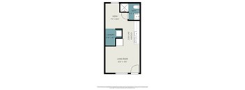 A floor plan of a small apartment with a living room, laundry room, and bathroom.