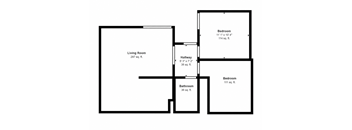 floor plan with a living room, two bedrooms, a bathroom, and a hallway.