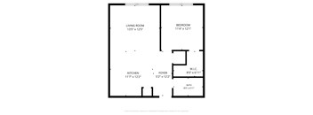 A floor plan for a home with a living room, kitchen, foyer, bath, and two bedrooms.
