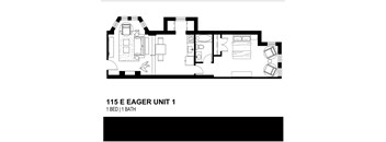 A black and white image of a floor plan for a 1 bedroom, 1 bathroom unit.