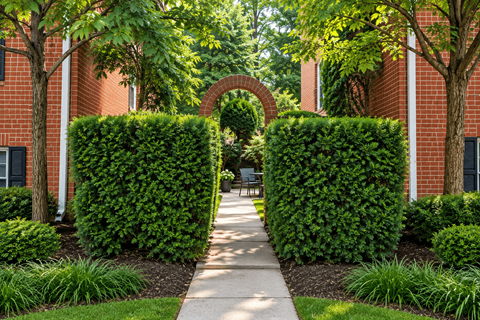 Landscaped walkway with brick archway and hedges at The Tuscan Hills AHR LLC Apartments, Baltimore