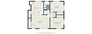 A floor plan of a house with a living room, kitchen, two bedrooms, a bathroom, and a hallway.