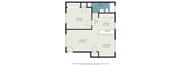 A floor plan of a small apartment with a living room, dining area, kitchen, and two bedrooms.