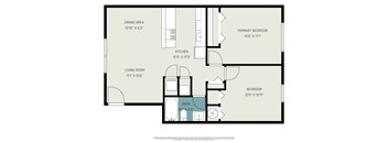 A floor plan of a home with a living room, dining area, kitchen, and three bedrooms.