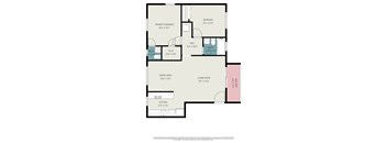 A floor plan of a house with a living room, dining area, kitchen, and two bedrooms.
