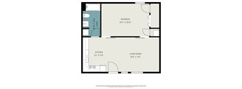 A floor plan of a room with a bedroom, kitchen, and living room.
