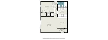 A floor plan of a small apartment with a living room, dining area, kitchen, and two bedrooms.
