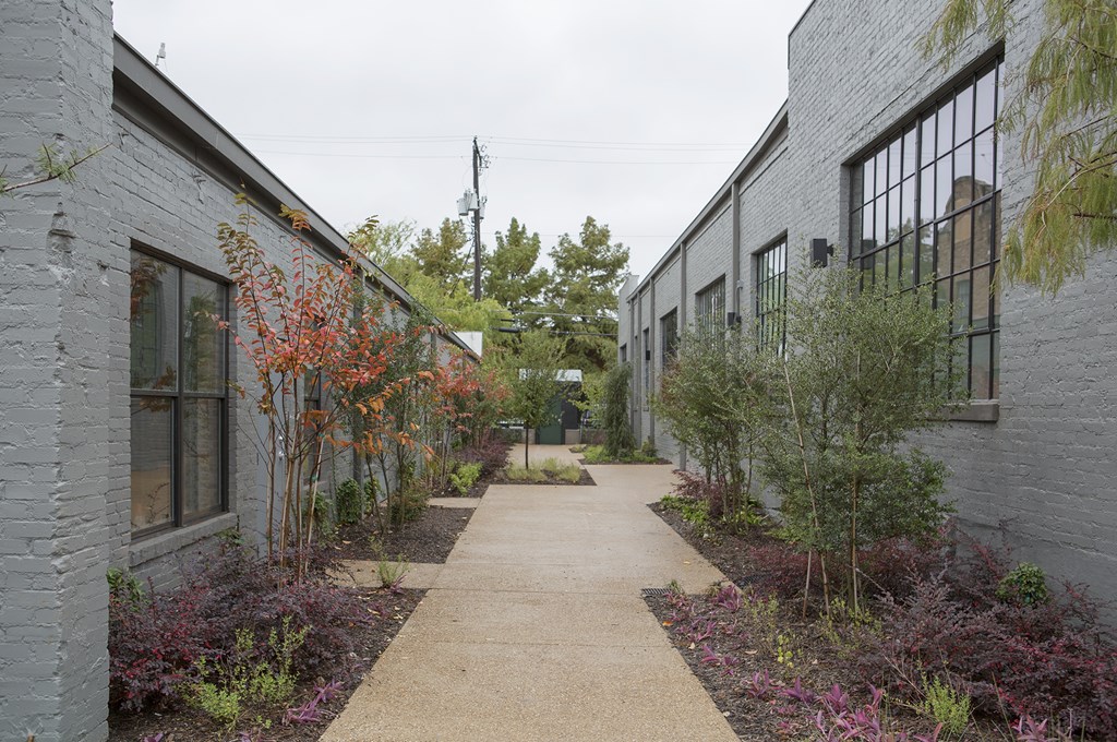 A long concrete pathway leads between two buildings.