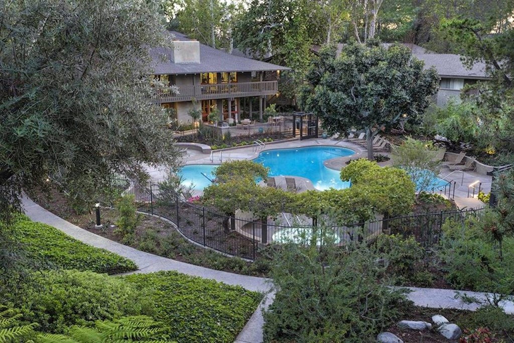 an aerial view of the clubhouse with a swimming pool at The Aspens Fairhaven, Santa Ana