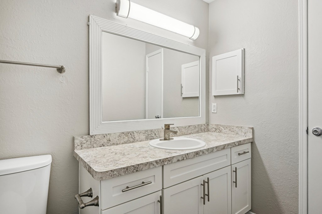 A bathroom with a marble countertop and white fixtures.