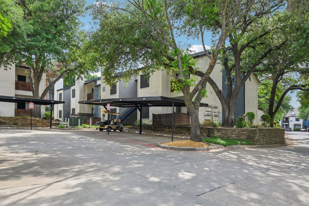 A parking lot with a building in the background and a tree in the foreground.
