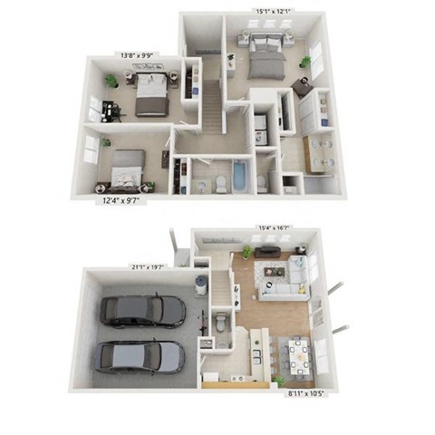floor plan of 3 Bedroom 2.5 bathroom townhome with attached garage
