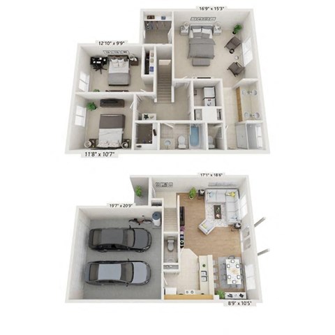floor plan of 3 Bedroom 2 bathroom townhome with attached garage