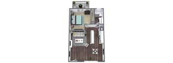 3D floor plan layout, 1 bedroom, 1 bathroom