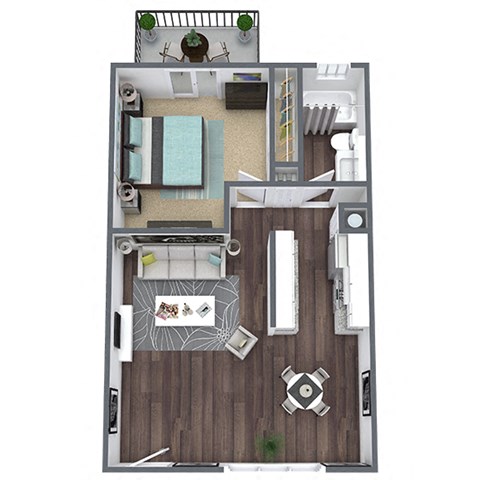 3D floor plan layout, 1 bedroom, 1 bathroom