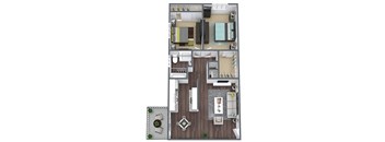 3D floor plan layout, 2 bedroom, 1 bathroom