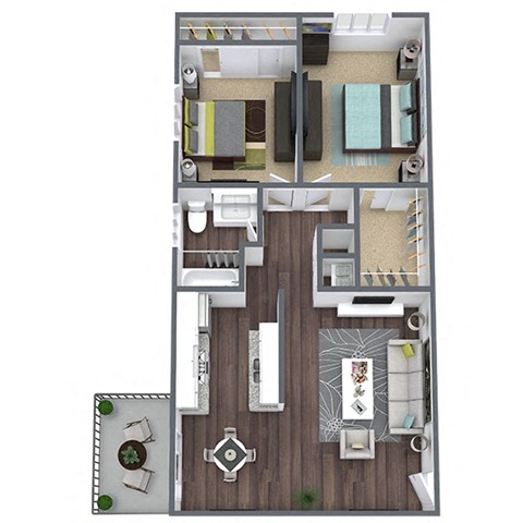 3D floor plan layout, 2 bedroom, 1 bathroom
