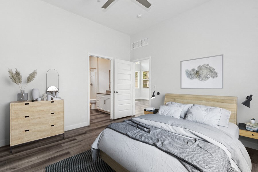 a bedroom with a bed and a closet