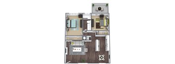 3D floor plan layout, 2 bedroom, 1 bathroom