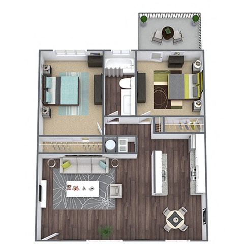 3D floor plan layout, 2 bedroom, 1 bathroom