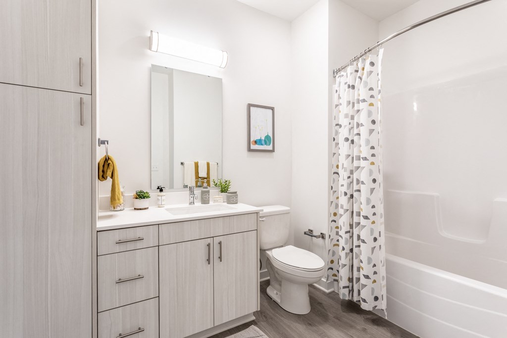 a bathroom with a shower and a toilet and a sink