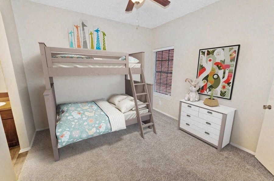 a bedroom with a bunk bed and a dresser at Heatherstone, Dallas, TX